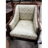 An Edwardian satinwood banded mahogany armchair, width 63cm depth 70cm height 83cm