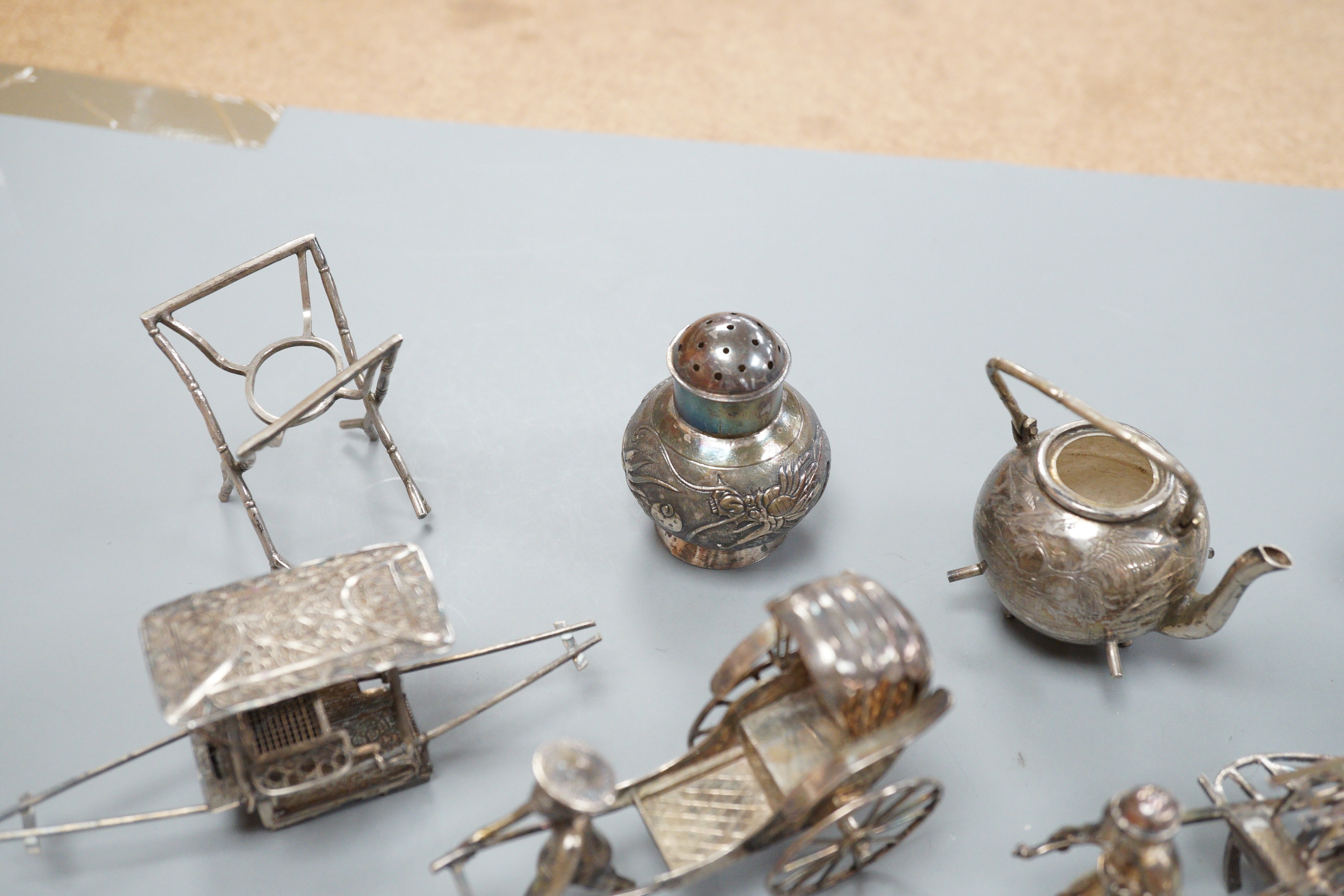 Six assorted miniature white metal items including a Chinese tea kettle on stand (lacking lid), - Image 12 of 19