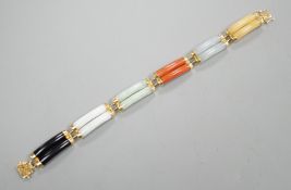A Chinese 18k, black onyx and multi coloured jade set bracelet, 17.75cm, gross weight 20 grams.