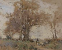 TVG, watercolour, Shepherd and flock on a hillside, monogrammed, 20 x 25cm