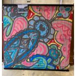 A wooden door from Camden Market with painted graffiti art width 216cm, height 207cm