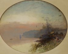 Thomas Dingle Jnr (fl.1879-1889), oil on card, river landscape at sunset, signed, 29 x 36cm,