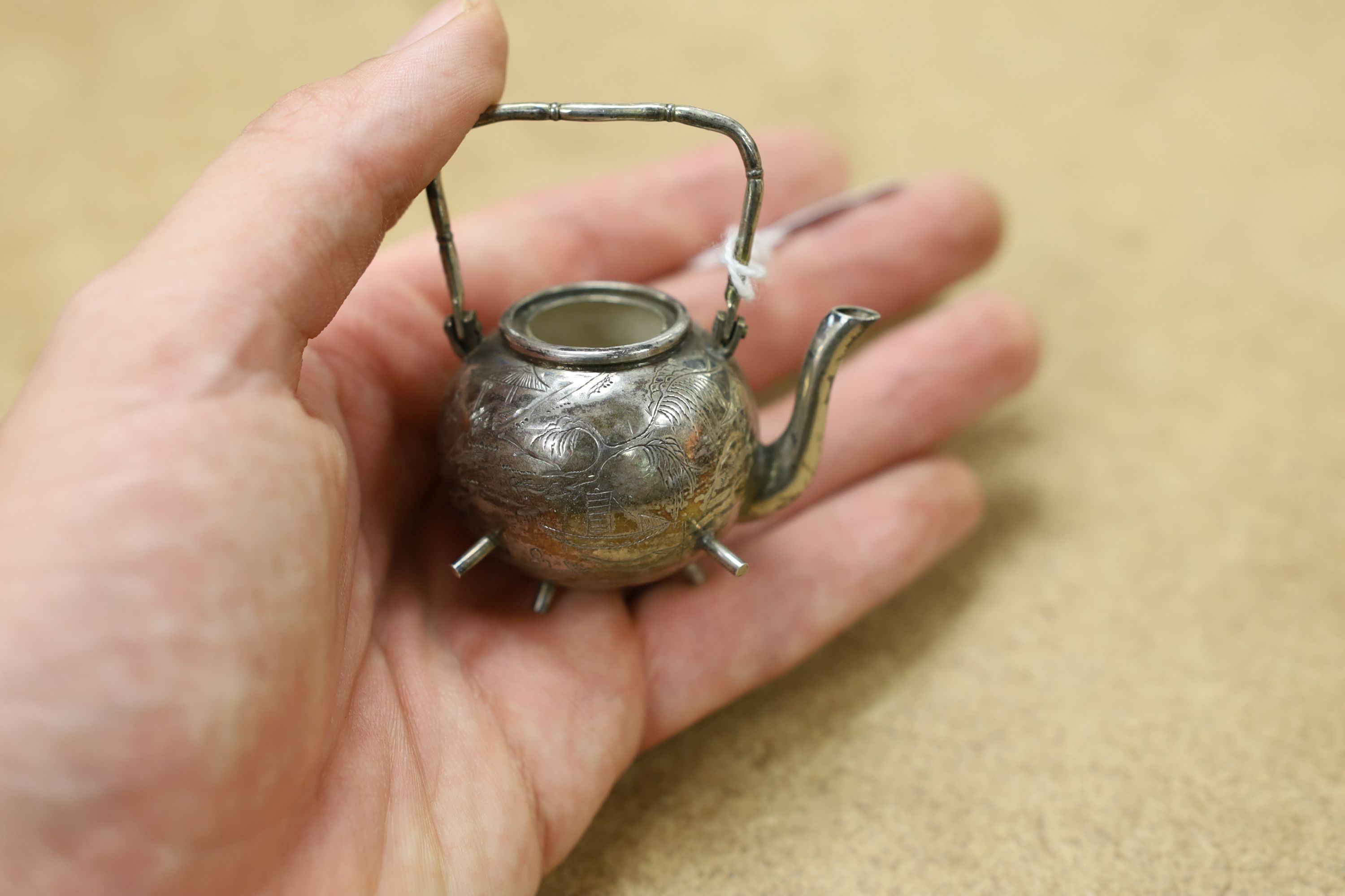 Six assorted miniature white metal items including a Chinese tea kettle on stand (lacking lid), - Image 15 of 19