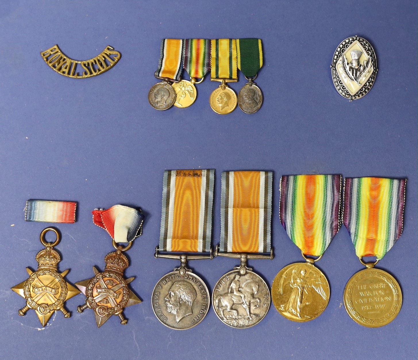 Two WWI family medal trios to 9098 Pte. A Paterson 2/R Scots. including Mons star and to 11619