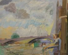 Constance Fenn RCA, NEAC (1933-2001), oil on board, Angler beside a bridge, signed, 61 x 76cm,