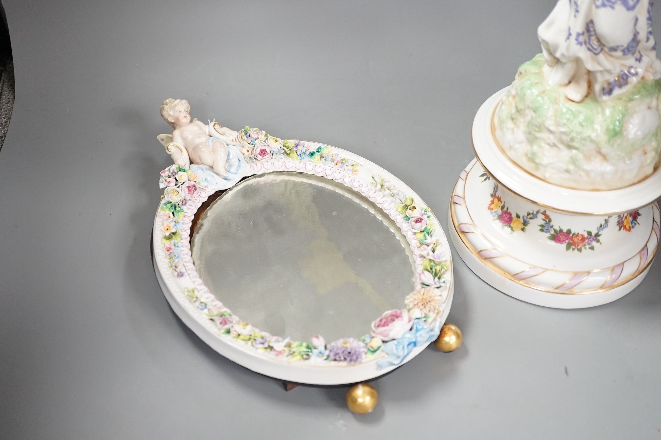 A German floral encrusted porcelain centrepiece and similar easel mirror, tallest 46cm - Image 2 of 5