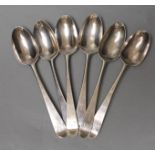 A set of six George III silver Old English patten 'picture' back teaspoons, inscribed 'Plenty',