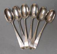 A set of six George III silver Old English patten 'picture' back teaspoons, inscribed 'Plenty',