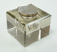 A George V silver mounted glass square inkwell, John Grinsell & Sons, Birmingham, 1925, width 10.