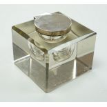 A George V silver mounted glass square inkwell, John Grinsell & Sons, Birmingham, 1925, width 10.