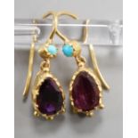 A pair of early 20th century yellow metal, garnet and turquoise set drop earrings, 16mm, gross