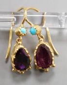 A pair of early 20th century yellow metal, garnet and turquoise set drop earrings, 16mm, gross