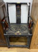 Three Chinese lacquered elbow chairs, width 56cm depth 42cm height 98cm