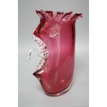 A cranberry glass novelty vase, signed Louis Thompson, 25cm