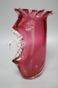 A cranberry glass novelty vase, signed Louis Thompson, 25cm