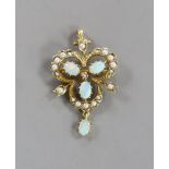 An Edwardian style 9ct gold, white opal and seed pearl set drop pendant brooch, overall 39mm,