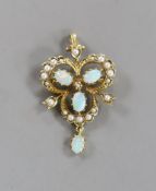 An Edwardian style 9ct gold, white opal and seed pearl set drop pendant brooch, overall 39mm,