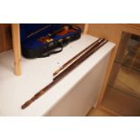 Three assorted 19th century treen measuring sticks to include a kingwood feather banded and