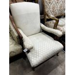 A late Victorian Howard style oak upholstered open armchair, width 69cm depth 90cm height 80cm (back