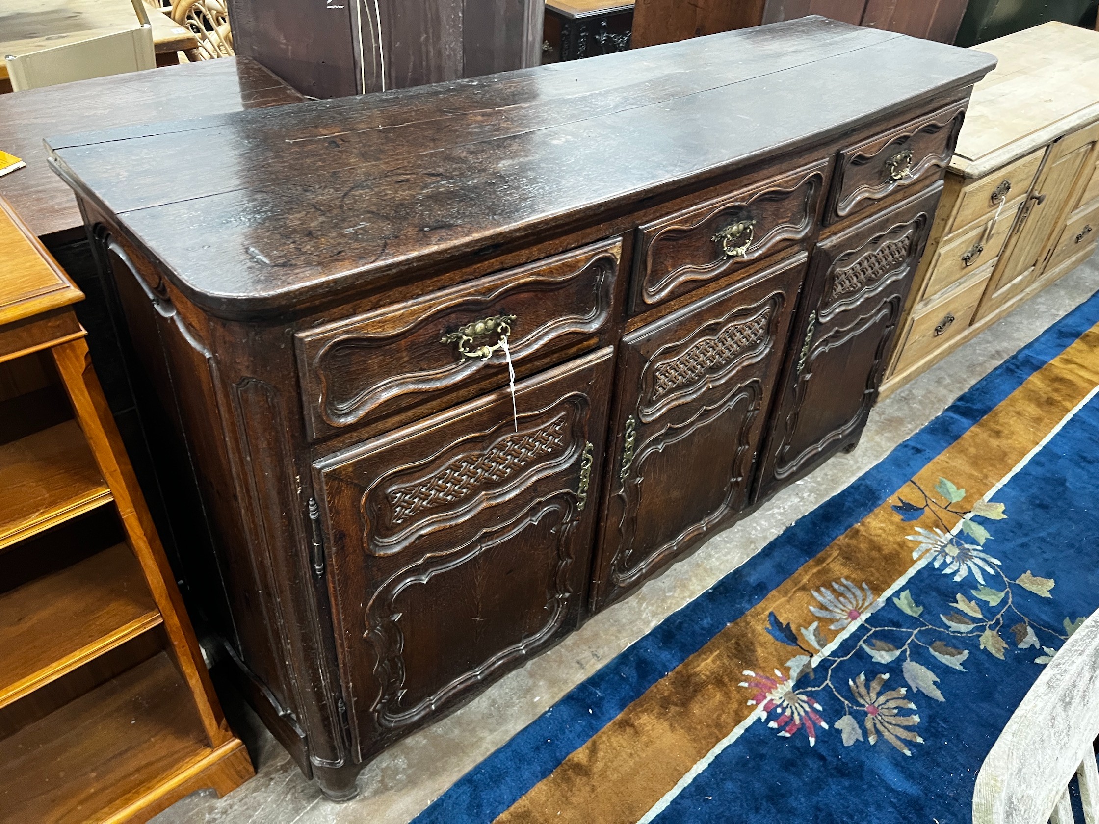 An 18th century French Provincial oak buffet, lacking two feet, width 171cm depth 48cm height 110cm - Image 2 of 4