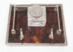 A silver plate mounted tortoiseshell inkstand, 21.5cm wide