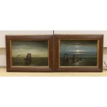 English School c.1800, pair of oils on canvas board, Primitive studies of the Brighton chain pier,