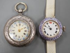 A lady's early 20th century silver and enamel manual wind wrist watch and an 800 standard white
