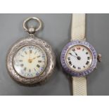 A lady's early 20th century silver and enamel manual wind wrist watch and an 800 standard white