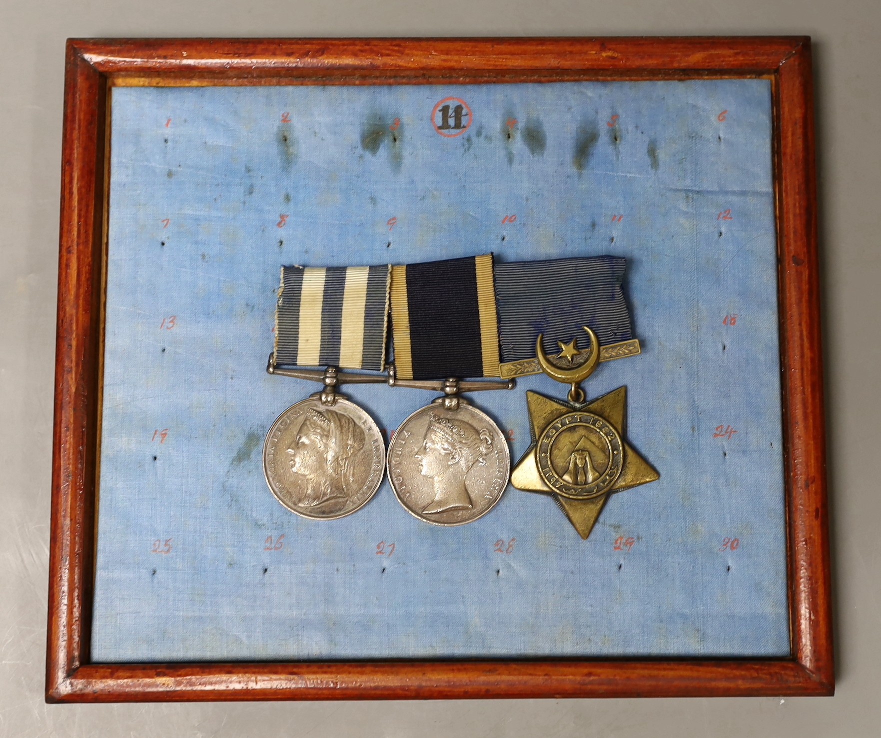 Egypt 1882 medal, Khedive star and Naval Long Service and Good Conduct medal to Wm. Barratt Sergt.
