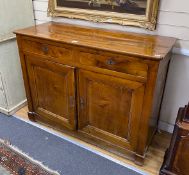 A mid 19th century French fruitwood side cabinet, width 128cm, depth 52cm, height 96cm