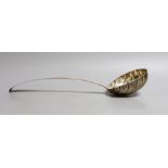 A George IV Irish engraved silver soup ladle, with fluted bowl, Charles Marsh, Dublin, 1826, 34.6cm,
