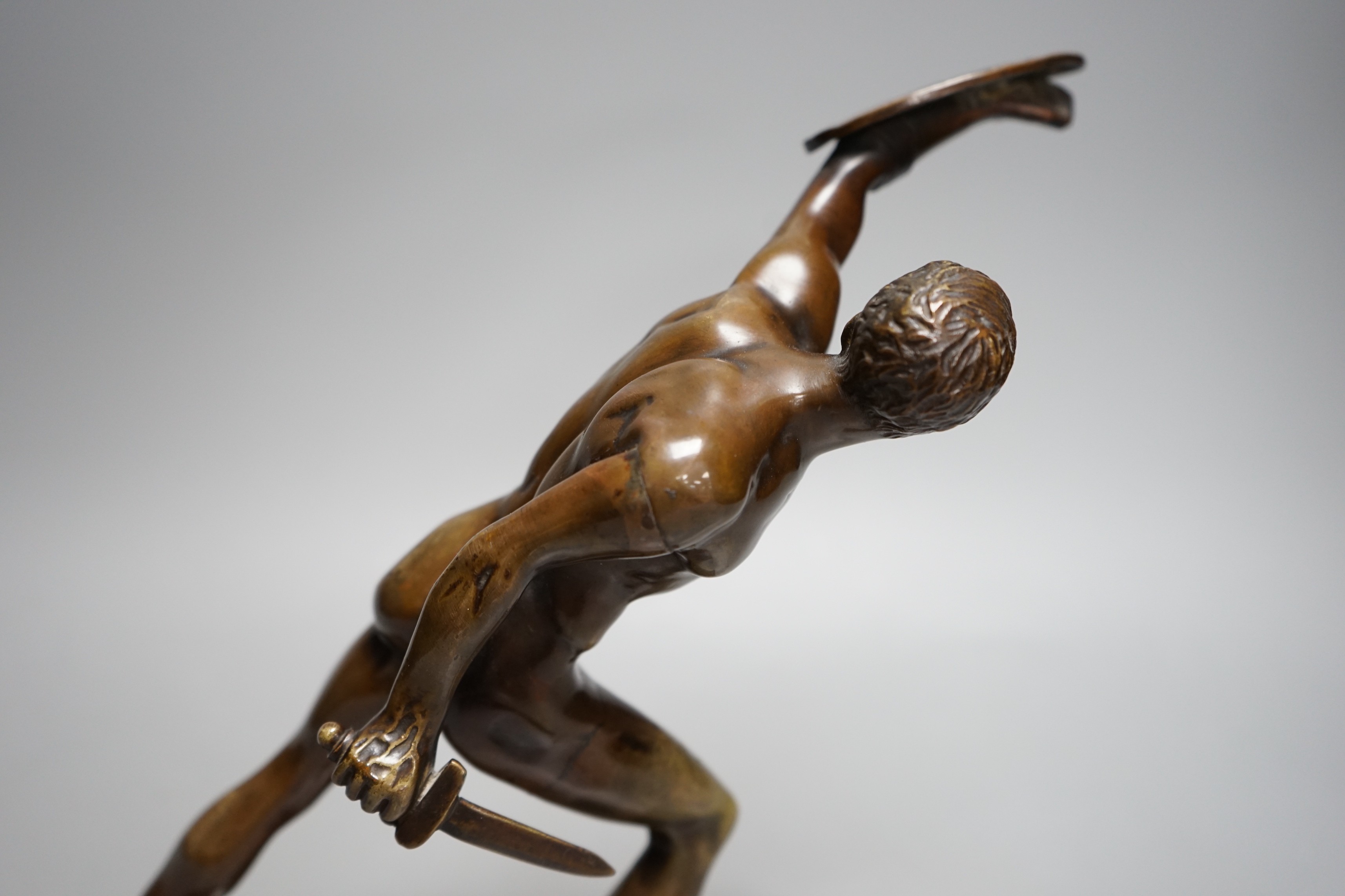 After the Antique, an early 20th century bronze study of the Borghese Gladiator, on marble base, - Image 6 of 7