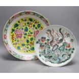 An early 20th century Chinese famille rose charger (a.f) and a Chinese famille verte dish. Largest