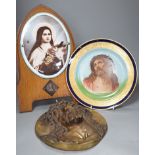 A Limoges plate and cast bronze portrait of Christ with crown of thorns and a framed plaque of the