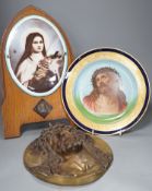 A Limoges plate and cast bronze portrait of Christ with crown of thorns and a framed plaque of the