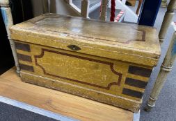 A Victorian metal bound grained and stencil decorated chest, width 75cm, depth 39cm, height 36cm