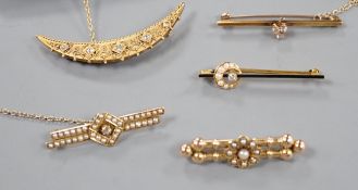 Two assorted late 19th/early 20th century 15ct, diamond and seed pearl set bar brooches including