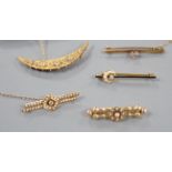 Two assorted late 19th/early 20th century 15ct, diamond and seed pearl set bar brooches including