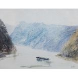 Leslie Worth (1923-2009), Barge on the Rhine, watercolour, signed initials, 9 x 11.5cm