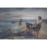 English School, c.1900, watercolour, Fishermen hauling nets, indistinctly signed, 50 x 72 cm.