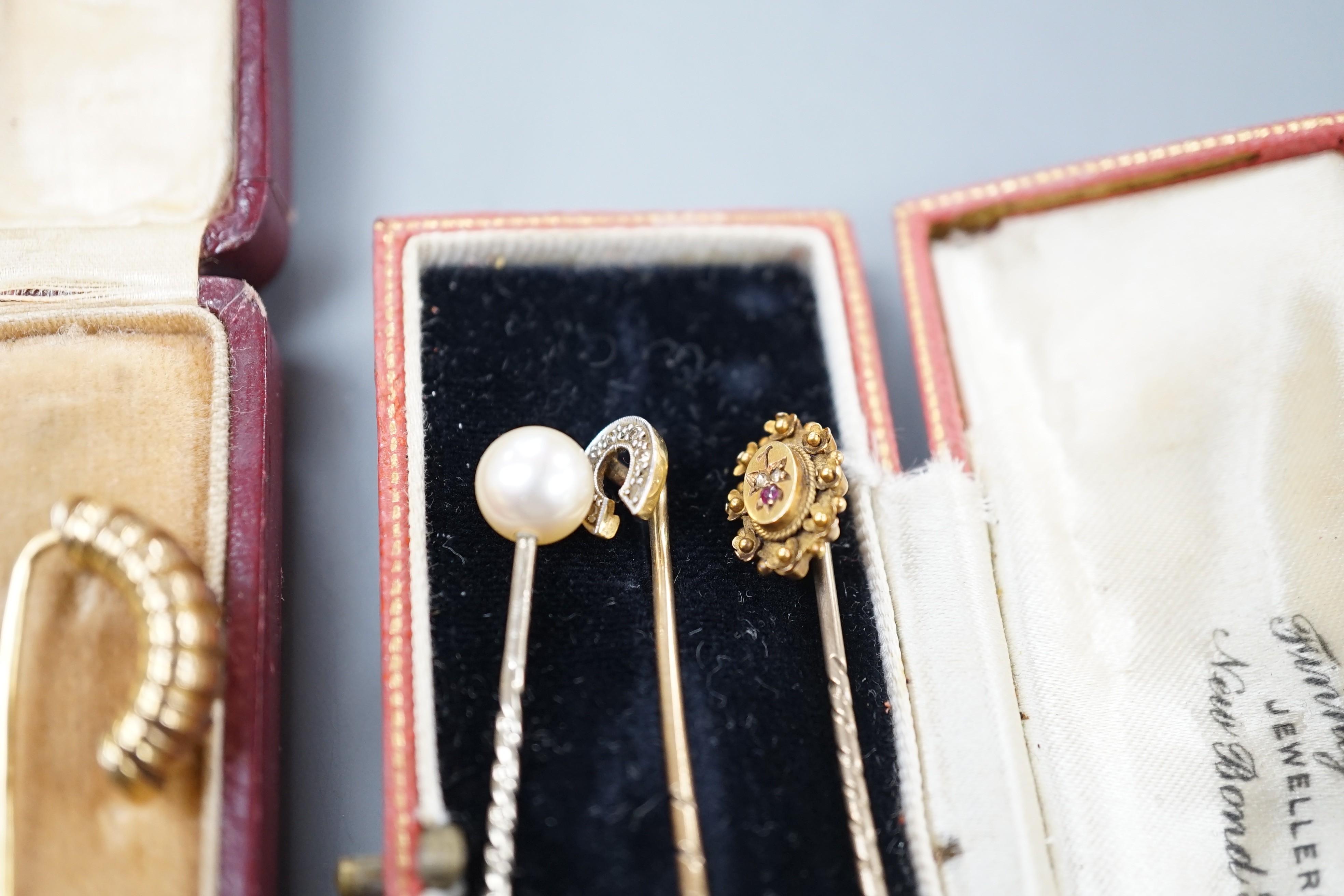 Three assorted early to mid 20th century yellow metal and gem set stick pins including diamond - Image 3 of 4