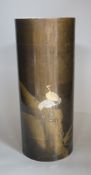 A Japanese mixed metal inlaid bronze cylindrical vase, Meiji period, 30cm