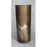 A Japanese mixed metal inlaid bronze cylindrical vase, Meiji period, 30cm