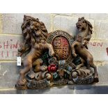 A painted carved wood Royal Coat of Arms, width 76cm, height 62cm