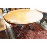 A Victorian burr walnut oval loo table, length 130cm, width 96cm, height 71cm