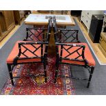 A pair of Regency style lacquer lattice back elbow chairs (one a.f.), width 56cm, depth 49cm, height