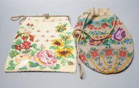A 19th century framed beaded bag, designed with roses and garden flowers and another similar