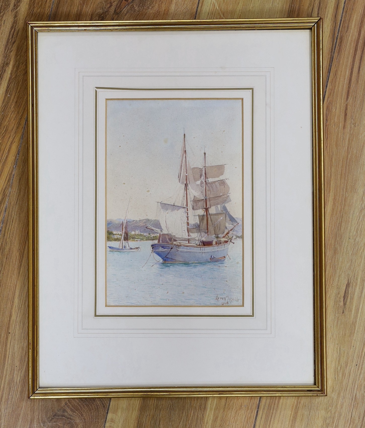 Louis Neville (fl.1887-1914), watercolour, Brigantine Genoa, signed and dated 1908, 23 x 15cm - Image 2 of 3