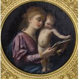 G. Bilancioni (Italian, 1836-1907), oil on cigar box panel, Mother and child reading a book,