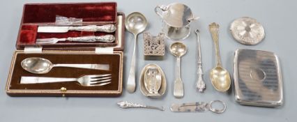 A small collection of sundry silver items including flatware, compact, cigarette case, mustard